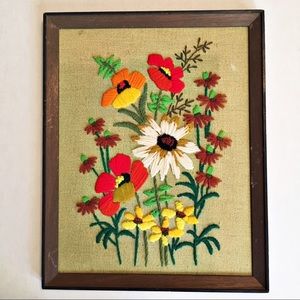 Vintage Crewel Picture 70s Flowers Linen Finished